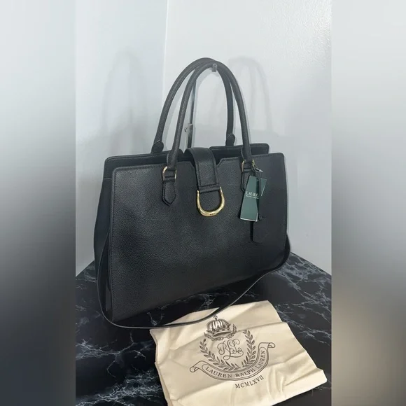 LAUREN RALPH LAUREN Large Bag Leather Black Carryover Laptop Satchel AUTHENTIC - Picture 2 of 16